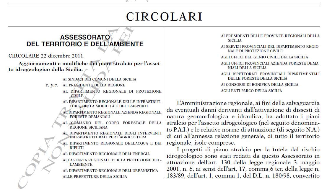 Aggiornamenti e modifiche dei piani stralcio per l’assetto idrogeologico della Sicilia.